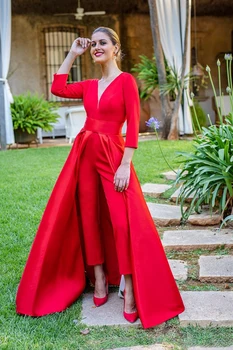 Rdeča Jumpsuits Formalno Večerne Obleke S Snemljivo Krilo V Vratu Backless Prom Obleke Stranka Nositi Hlače Za Ženske Po Meri