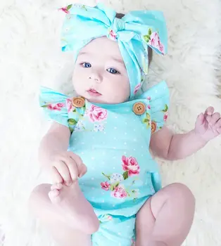 2Pcs/Komplet dojencek dekliška oblačila Sklop Newborn Baby Dekleta Cvetlični Eno-kos Romper Sunsuit Glavo Oblačila Nastavite 0-24M