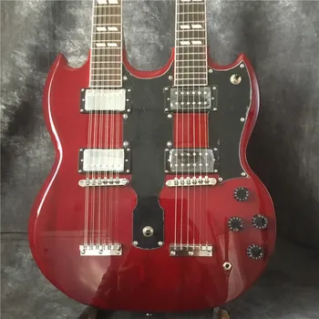 Visoke kakovosti dvojno glavo električna kitara, vino, rdeče, 12 strune + 6 strune, prekrita strojne opreme, vrhunske kakovosti
