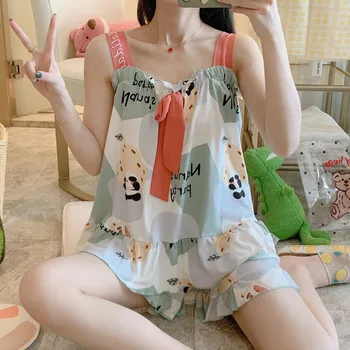 Korejska Japonski Različici Srčkan Sleepwear za Ženske Kawaii Risanka Pižamo Nastavite Suspender Vrh Hlače z Lok Kravato Salon Obrabe