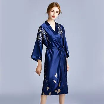 Novo Jutranje halje za ženske Umetno Svilo Kimono kopalni plašč Ženske Saten Družico Obleke Seksi tiskanja kopalni plašč