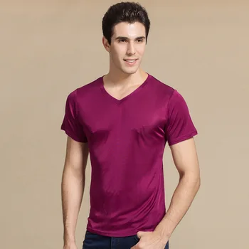 Poletje novih moških svile Proti-vrat T-shirt kratek rokav mulberry svile dvostranski pletenje dno majica kulturne majica 7002