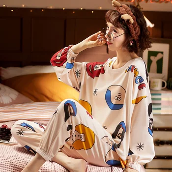 Lepe Risanke Ženske Pižame z Dolgimi Rokavi+Hlače Za Dekleta Bombaž Sleepwear Priložnostne Salon Nositi Domov Topla Oblačila Jeseni Ženski
