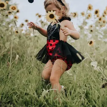 UK Newborn Baby Dekle Ladybug Čipke Tutu Obleko Glavo Obleke Obleke Poletje Princesa Romper Kostum Določa 0-24M