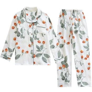 Ženske Pomlad Pižamo Bombažne Gaze, Krep Sleepwear Dolg Rokav Tiskanja Dva Kosa Iz Loungewear Tanke Priložnostne Svoboden Domov Oblačila 2020