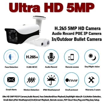 H. 265 CCTV Varnosti Ip Spremljanje Bullet Fotoaparat na Prostem Nepremočljiva Omrežja, Video Nadzor, Camares 5mp ONVIF za NVR Sistem
