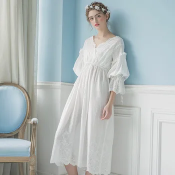 2020 Nove Jesen Beli Bombaž Nightgown Princesa Nightdress Ženske More Žensk Dolgo Sleepwear Spalna Obleka 2131