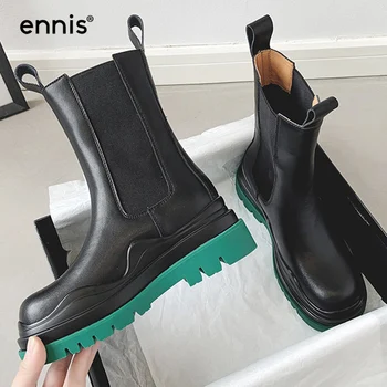 ENNIS Oblikovalec Black Chelsea Škornji Debelo Dno Platforma Čevlji Škornji Jeseni, Pozimi Ženske Škornji Ravno Čevlji Zelena 2020 A40A