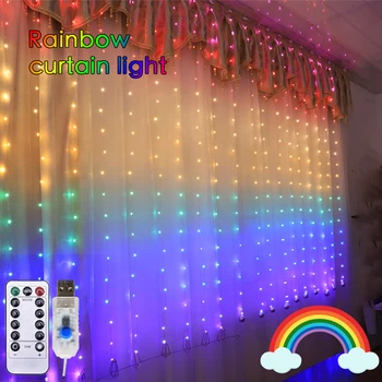 Božič Mavrica LED Pravljice Luči Garland Zavese Niz Luči Daljinski upravljalnik Oken Počitnice razsvetljavo Doma Dekoracijo