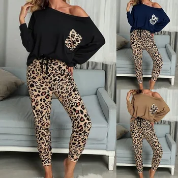 2020 Leopard Homewear Obleke, Ženske Jeseni Priložnostne Majice Vrvico Sweatpants Salon Nositi Modni Pajama Določa Elastična Sleepwear