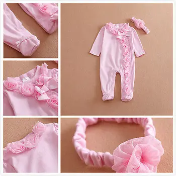 Newborn Baby Dekleta z Dolgimi Rokavi Romper Tri-dimenzionalni Cvet Obleka, Jumpsuit Obleke Obleke Set Priložen Trak za lase