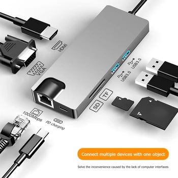 USB Tip C Dock Postajo za Laptop HDMI HW-TC12 Zvezdišče USB Tip C za Multi USB 3.0, HDMI, VGA priključek RJ45 PD Adapter Cepilec za PC