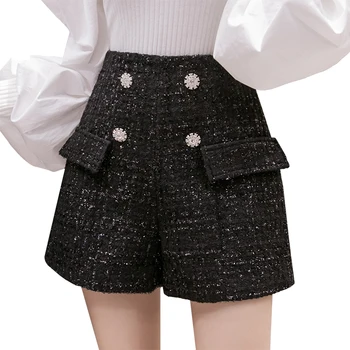 Korejski slog elegantno tweed hlače ženske modni dvojno zapenjanje ponaredek žep letnik ženska hlače jeseni, pozimi lady plen hlače