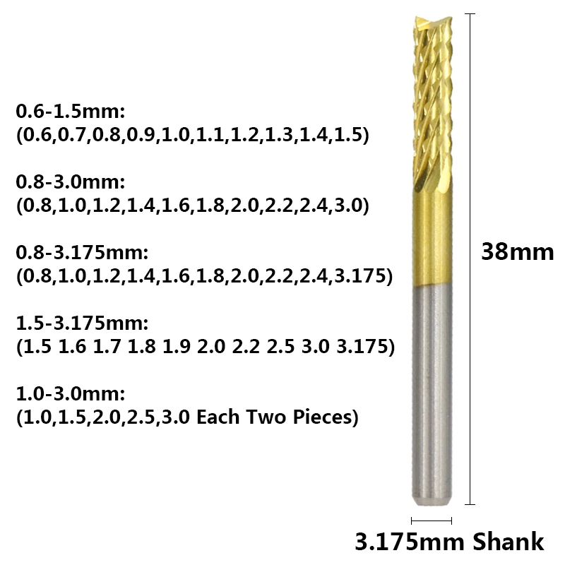 10pcs 1.0-3.0 mm PCB Graviranje Bitov Drill Bit Nastavite Karbida Koncu Mlin 1/8