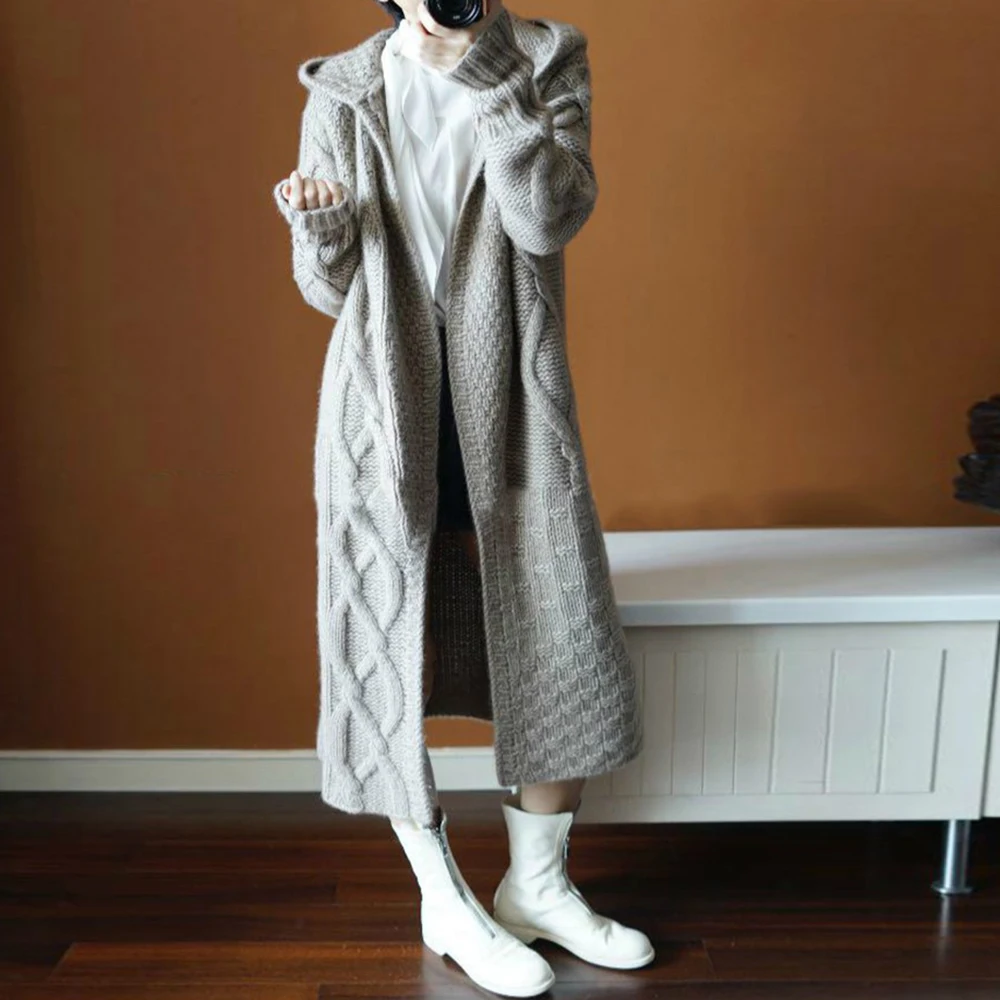 2020 Jeseni, Pozimi Volnene Dolge Pulover Plašč Ženske Hooded Pletene Cardigan Korejski Moda Priložnostne Oversize Debele Outwear Korejski