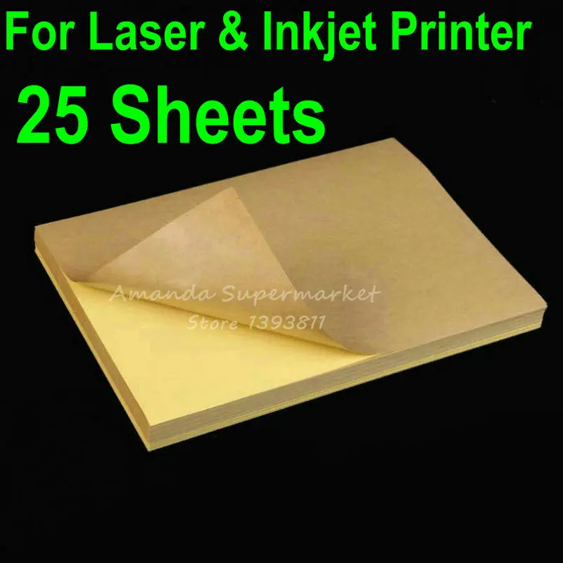 25 Listov A4 Prazno Kraft Etikete, Nalepke, Papir Rjavi samolepilni Papir Za Laserske & Inkjet Tiskalnik