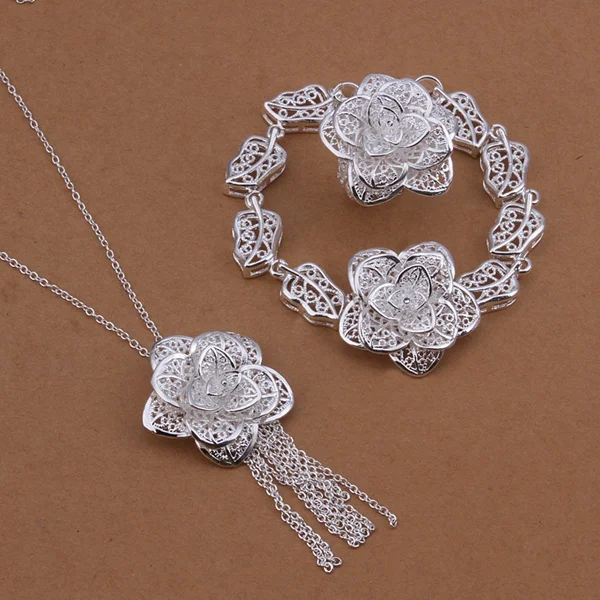 925 sterling silver nakit za ženske naftni elegance velik cvet Obroč ogrlica, zapestnice, modni nakit Set