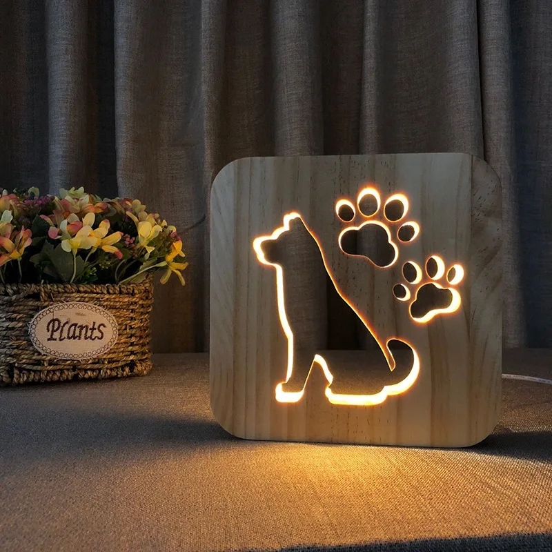 Acecorner LED USB Noč lahke Lesene Pes, Mačka Tačka Volk Glavo Živali Lučka Novost Otrok Spalnica 3D Dekoracijo Tabela Luči Otrok Darilo