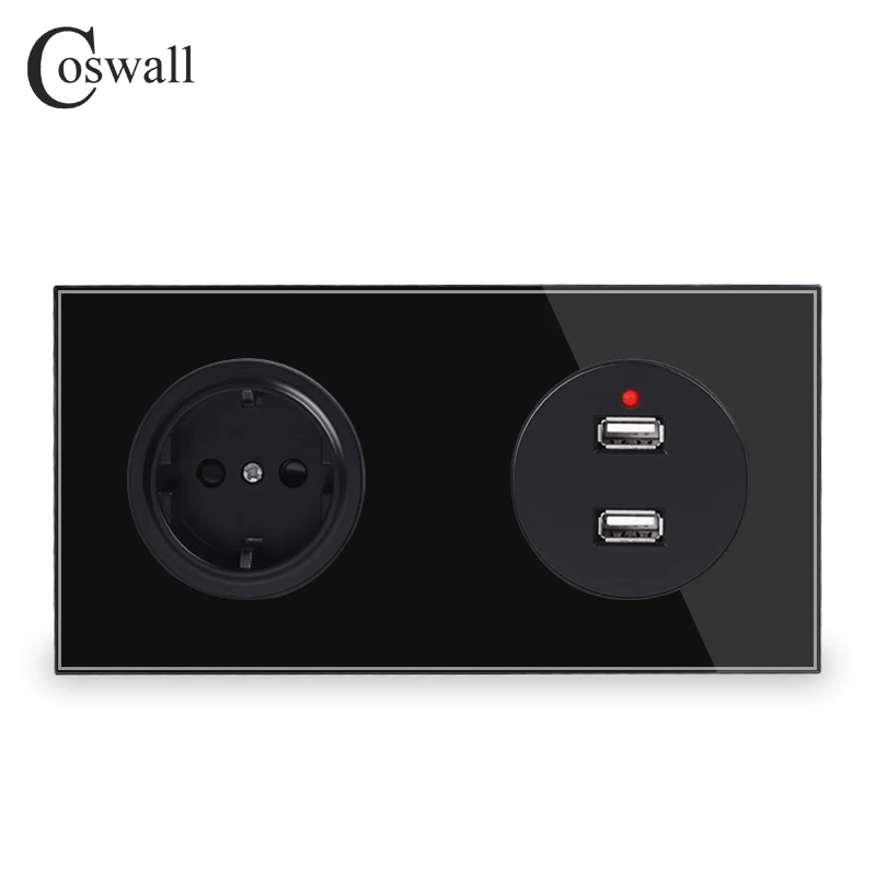 Coswall Kristalno Čistega Kaljenega Stekla Plošča EU Standardno električno Vtičnico + Dual Polnjenje prek kabla USB Vrata 2.4 Izhod 172*86mm R11 Serije
