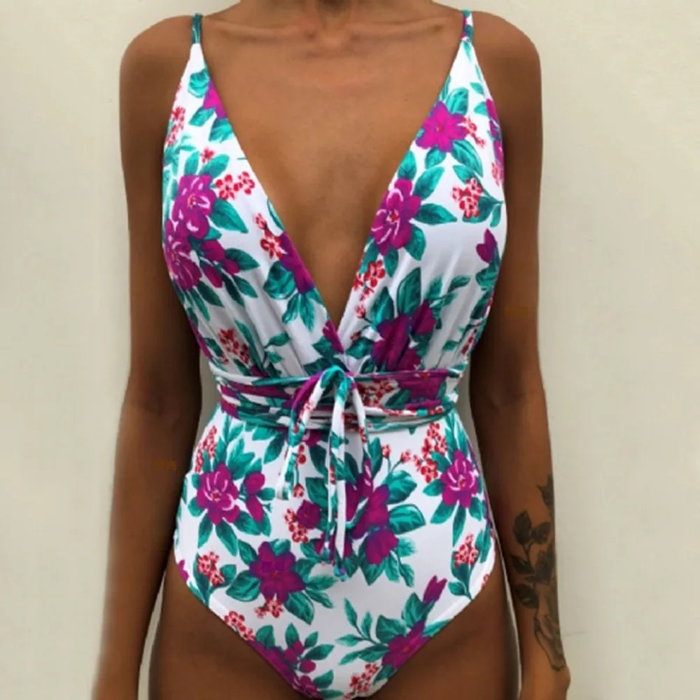 Cvetlični Vijolično Kopalke Povoj Bodysuits enodelne Kopalke, Natisnjena Seksi Bikini Ženske 2019 Push Up Monokini 6 Različnih Nosi 2XL