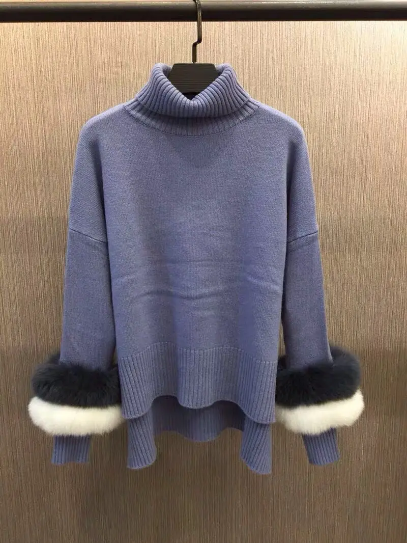 DEAT 2021 novo jeseni in pozimi turtleneck flare fox pravi krzno visoke kakovosti pletenje elastična puloverju ohlapen pulover WO24000L