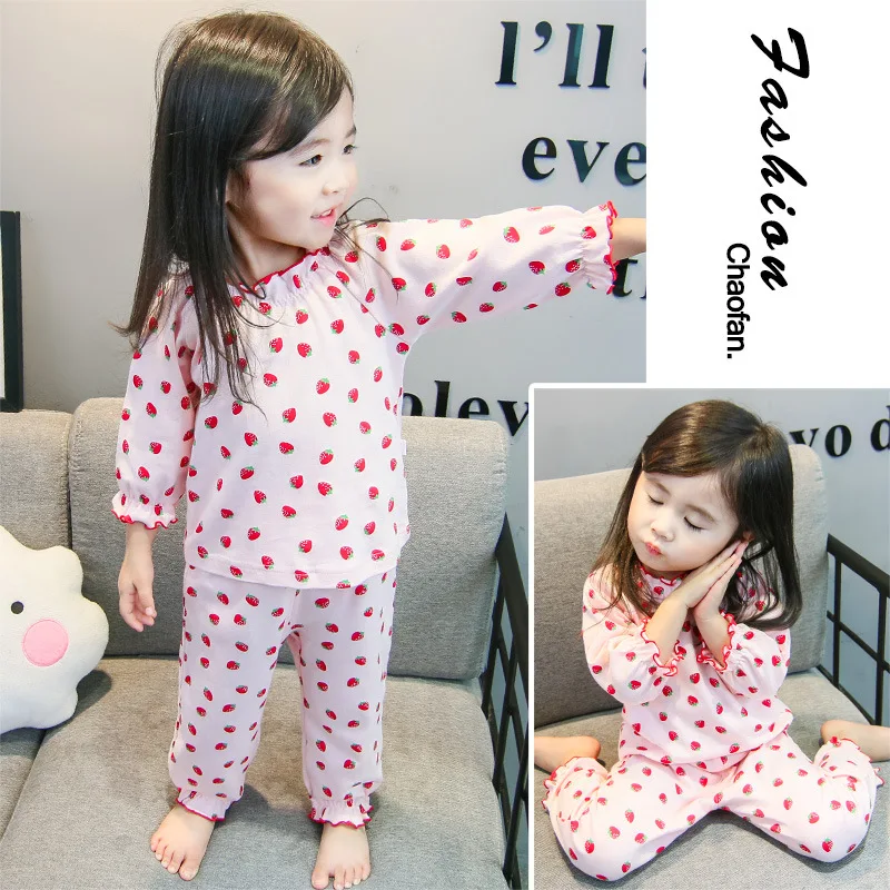 Dekliške obleke jagode pižamo Božič 2018 baby dekle Sleepwear srčkan risanka dolgimi rokavi 2-delni Set