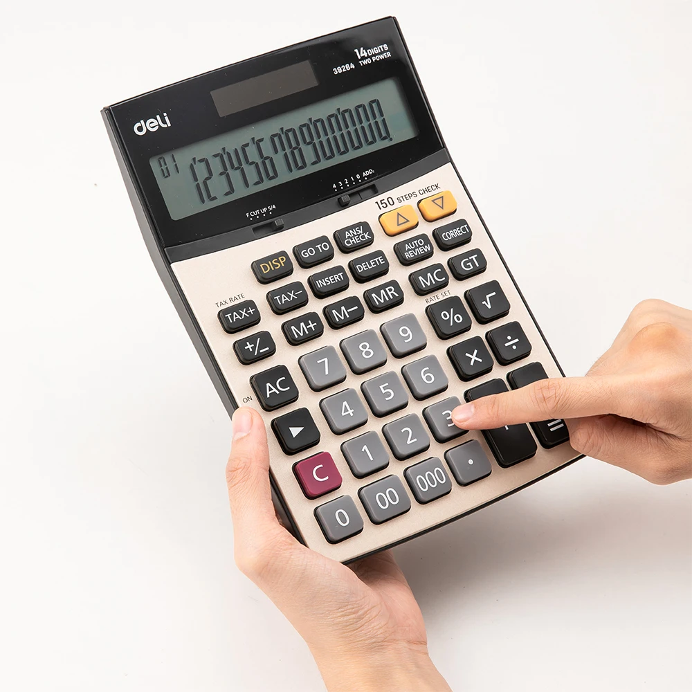 Deli E39264 Kalkulator - 150 korak preverite, Davčni Kalkulator 14 mest Kovinske površine - Baterija & Solarno Dvojno moč pisarniške tiskovine