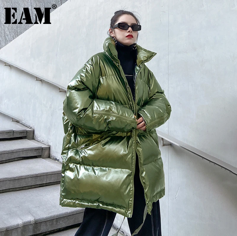 [EAM] Hooded Velika Velikost Zelena Bombaž-oblazinjeni Suknjič Dolg Rokav Ohlapno Fit Ženske Parkas Moda Plima Nove Jesensko Zimske 2021 1DD0809