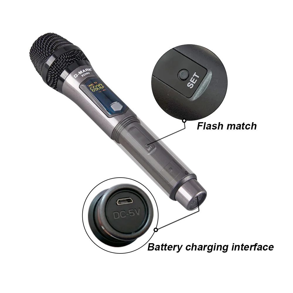 G-ZNAMKE X220U UHF Brezžični Mikrofon za Snemanje Karaoke 2-Kanalni Ročni Litijeva Baterija 50m Prejema Razdalja