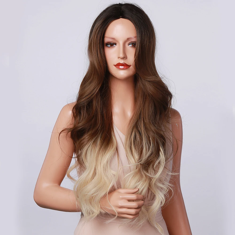 HENRY MARGU Dolge Valovite Rjave Platinum Blonde Ombre Sintetičnih Lasulj za Ženske Srednji Del Naravne Lasulje Cosplay Toplotno Odporen Lasulje