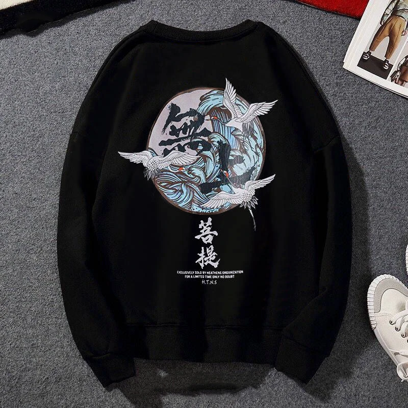Japonski Smešno Mačka Val Natisnjeni Runo Kapuco Pozimi Japonskem Stilu Hip Hop Priložnostne Sweatshirts Duha Kitajski Charater Ulične