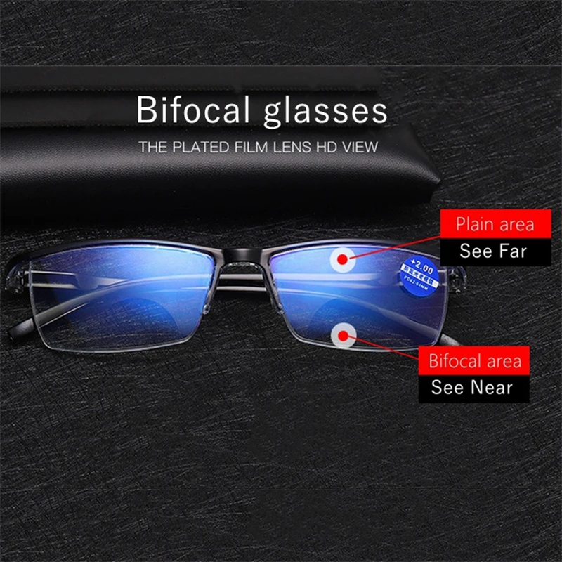Končal Bifocal Anti Blue Ray Obravnavi Očala Moške Pomlad Tečaj Presbyopia Očala TR90 Kvadratnih Pol Okvir Black Gafas Para Leer