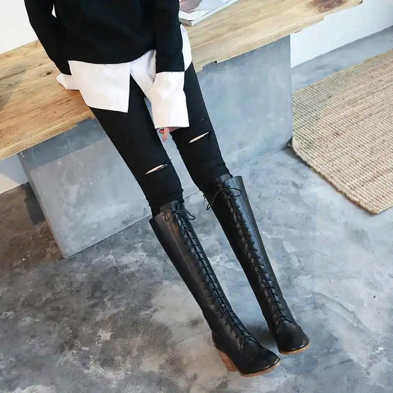 Lenkisen Britanski stil čipke moda kravje usnje škornji krog toe visokih petah trdna pozimi toplo ženske škornji z visoko stegno L52