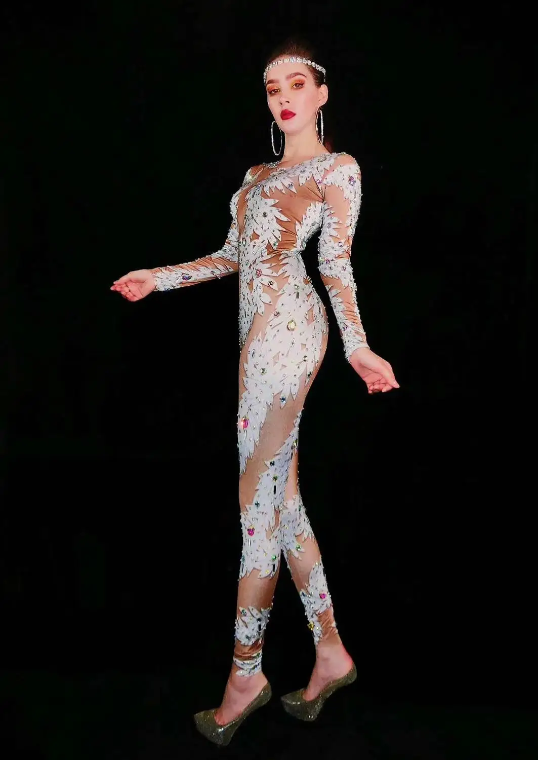 Moda Okrasnih Jumpsuit Elastična Legging Kristalno Igralne Obleke Seksi Fazi Kostume Ženske Nočni Klub Stranka, Pevka, Plesalka Bodysuits