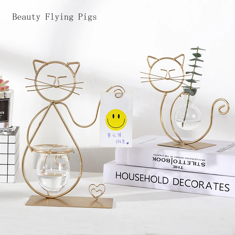 Neposredno ins veter zlato kovanega železa luštna mačka živali obliko hydroponic steklena vaza dnevna soba ustvarjalne cvetlični aranžma ornament