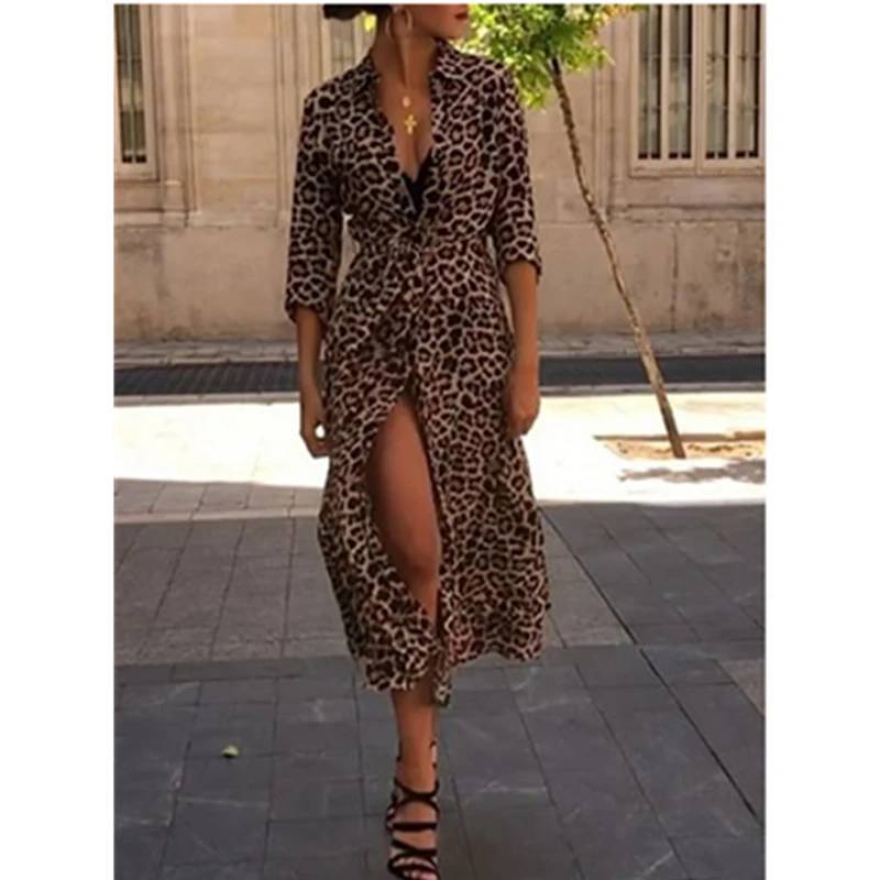 Nova Moda Leopard Dolga Obleka Ženske Boho Dolg Rokav Jopico Dolgo Obleko Maxi Priložnostne Svoboden Stranka Plaža Obleko Sundress Blusas