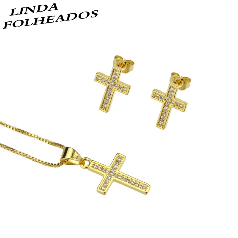 Nova zasnova zlata, bakra, bela kubičnih cirkonij majhne navzkrižno uhani, ogrlica za ženske prazničnega preprost nakit set darila