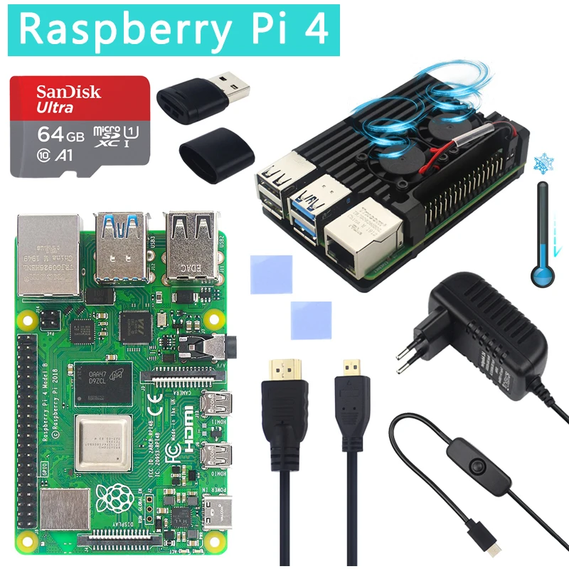 Original Uradni Raspberry Pi 4 Model B Kompleti Dual Fan Aluminijasto Ohišje + 32/64 GB SD Kartica + Napajalnik + Heatsinks za RPI 4