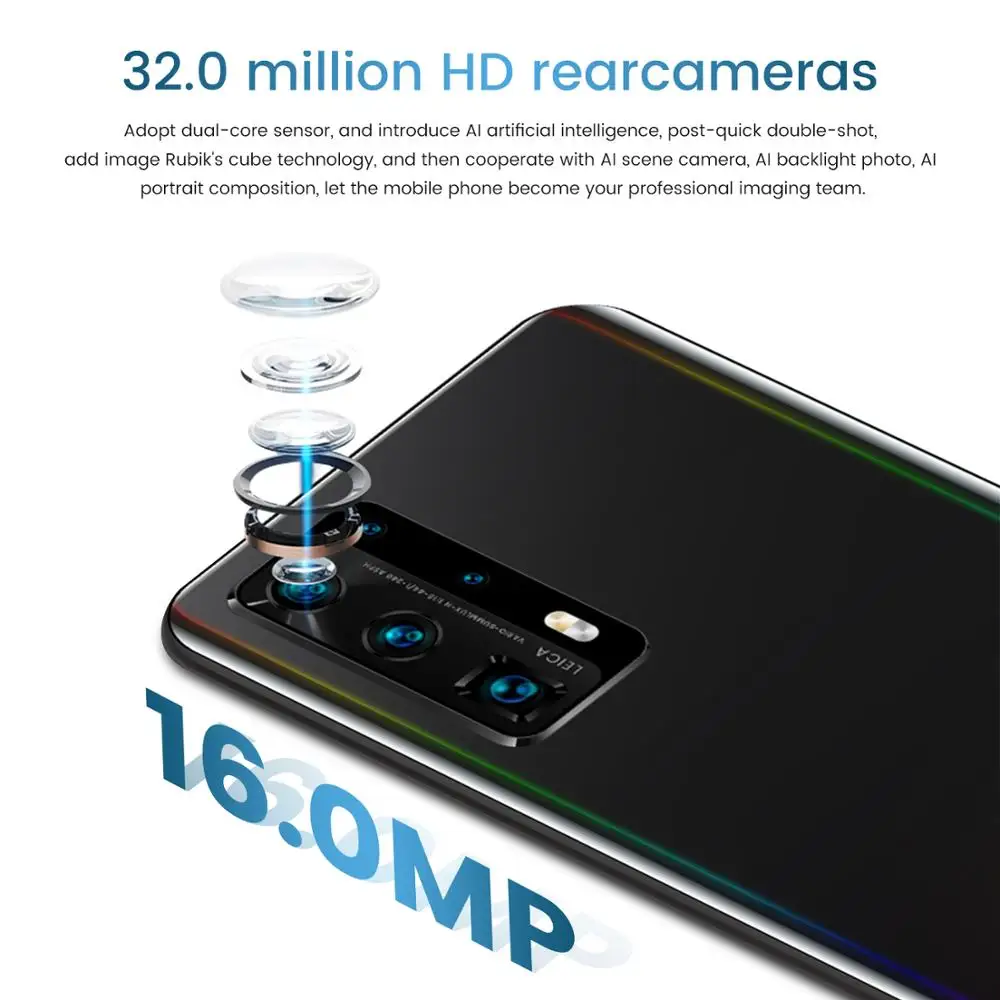 P40 Pro+ Pametne telefone 10 Core Android 5000mAh mobilnih Telefonov 16GB za 6,5 palčni Mobilnih Telefonov HD+Waterdrop Zaslon Reflektivni nazaj lupini