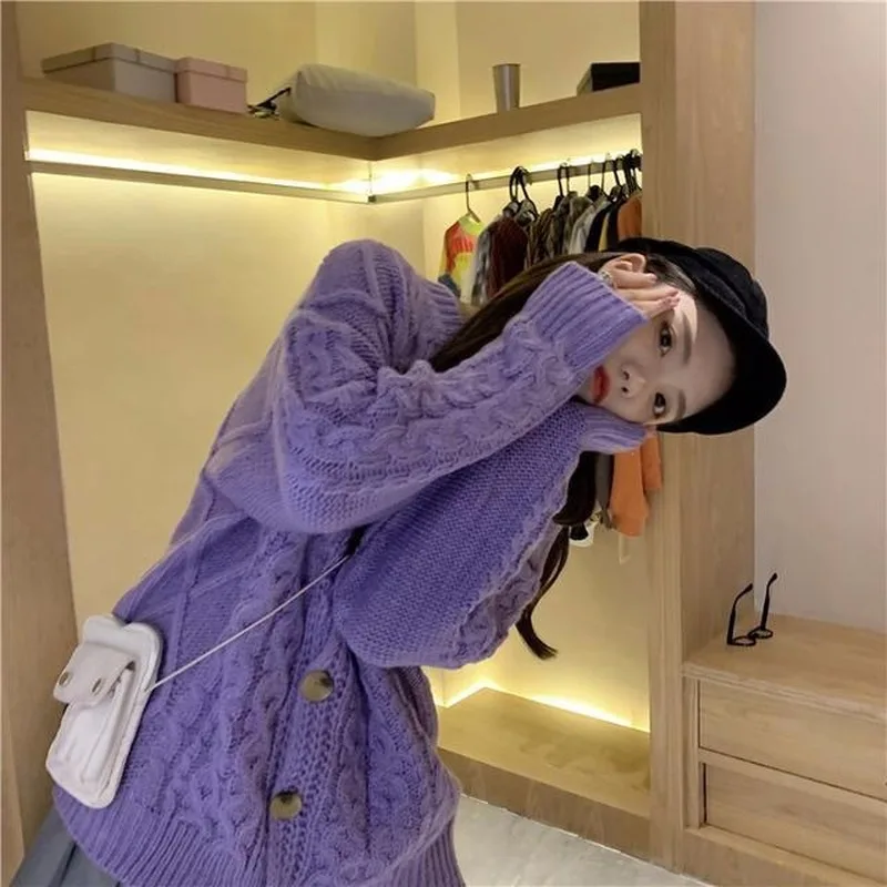 Pletene cardigan jakna ženske jeseni, pozimi novi korejski svoboden kolegij slog vijolično dolgimi rokavi za enkratno zapenjanje pulover plašč ženske