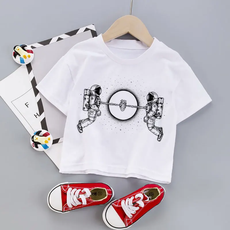 Poletje Nova Bela Natisnjeni T-shirt Dekle Oblačila Sci-fi Prostor Fant Obleke Astronavt Priložnostne Beli Otroci T-shirt Krog Vratu Fant Tshirt