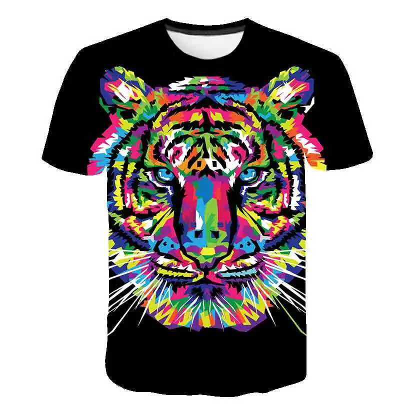 Poletje novo tiger kratka sleeved krog vratu T-shirt otrok 3D tiskanje pisane tiger hip-hop risanka T-shirt poletje moda