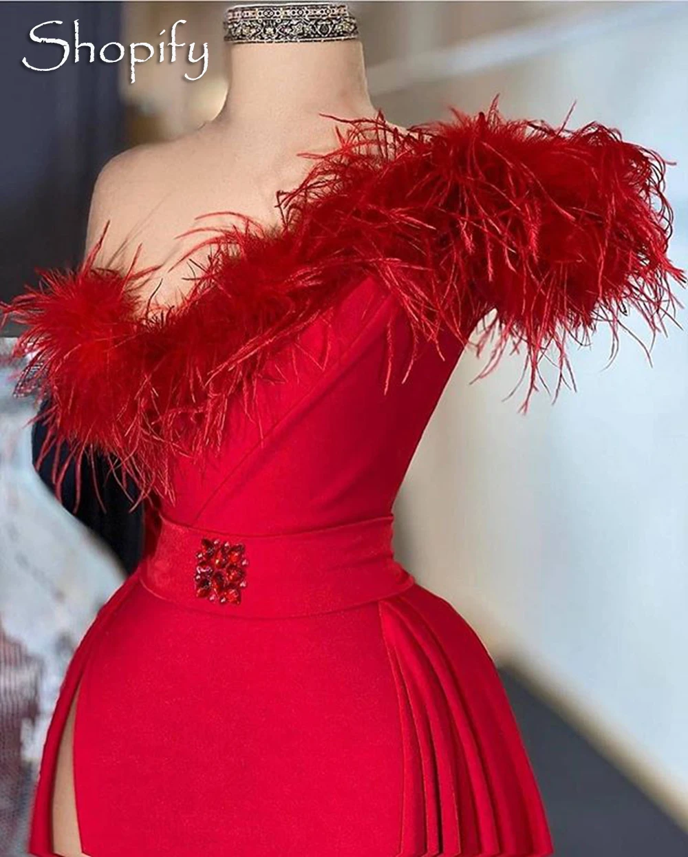 Rdeča Dolgo Večerno Obleko 2020 Visoko Režejo Eno Ramo Elegantno Pero Dubaj Slog Afriške Ženske Formalno Večernih Oblek