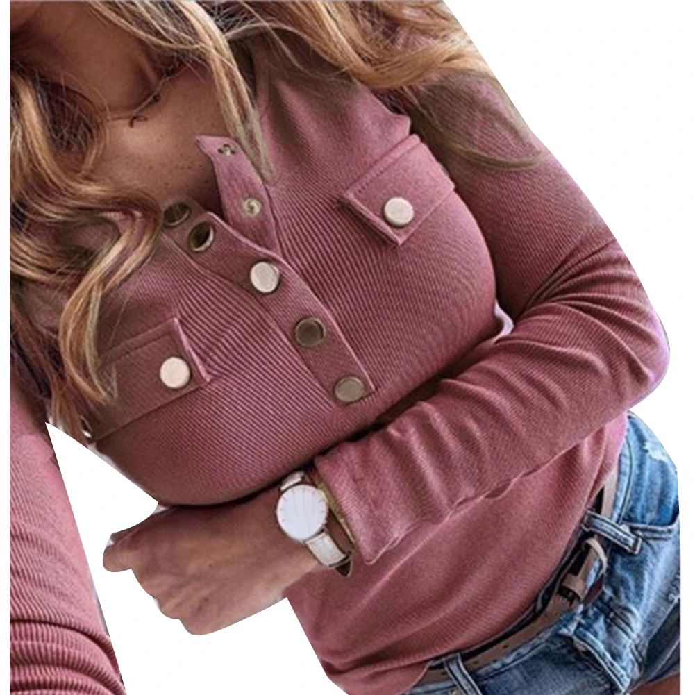 Seksi Žensk V Vratu Long Sleeve Solid Color Belušno Slim Plus Velikost Nizko-cut Bluzo