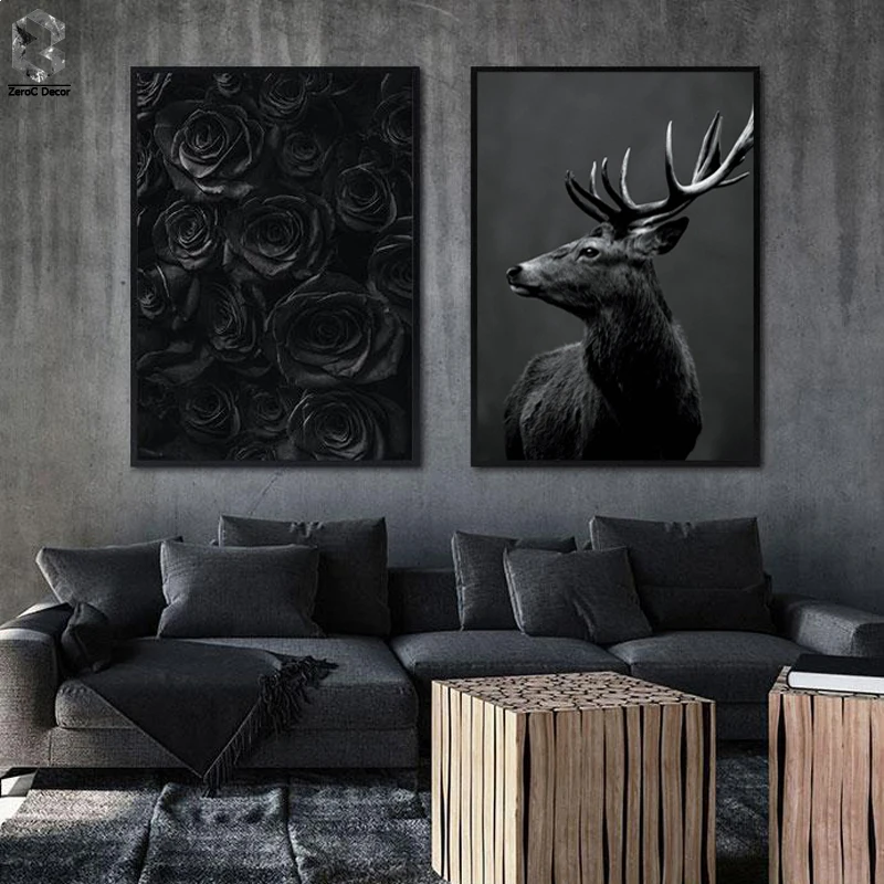 Skandinavske Črno Beli Plakat Za Nordijsko Platno Wall Art Tisk Elk Slikarstvo Dekorativne Slike Cvet Vrtnice Doma Dekoracijo