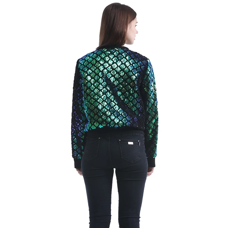 SLLSKY Ženske Jeseni Priložnostne Kratka Jakna Fashion Zelena Bleščica Geometrijske Tanek Plašč O-vratu Zadrgo Visoko pasu 2020 Lady je Outwear