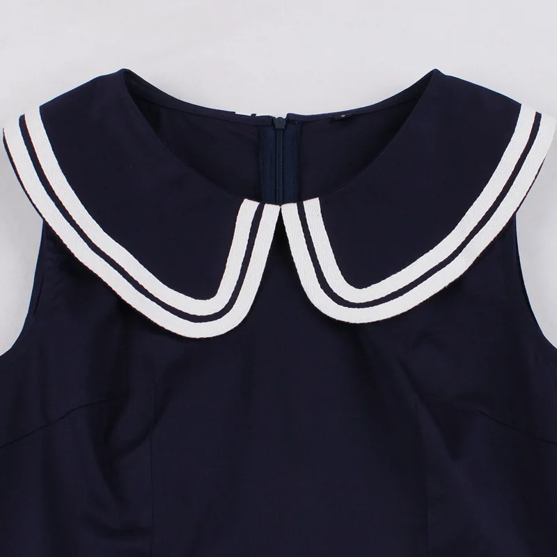 Tonval Mornarsko Modra Kontrast Črtasto Ženske Traku Eleganten Bombaž Obleko brez Rokavov 50S Retro Linije Vintage Swing Obleke