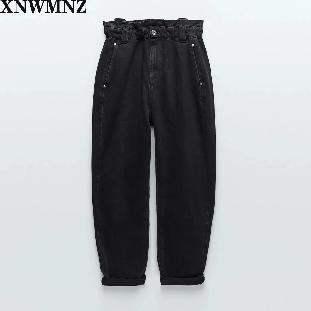 XNWMNZ za Ženske vrečasta paperbag Visoki pas, jeans, elastični pas prednji žepi spredaj zip kovinski zgornji gumb Ženske hlače Visoke kakovosti