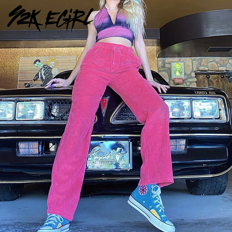 Y2K EGIRL Letnik Hot Pink s Pocket Velvet Hlače Hip Hop Visoko Pasu Loosed Ravne Dolge Hlače 90. letih Ulične Harajuku