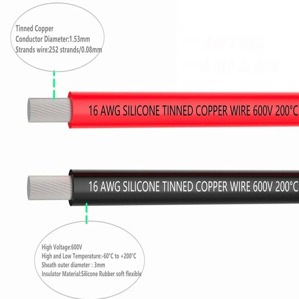 16 awg Žice,66 metrov silikonski žice Mehko bakrene žice Visoko temperaturo, odpornost na 2 ločeni žice 33 ft Črno in 33 ft Rdeča